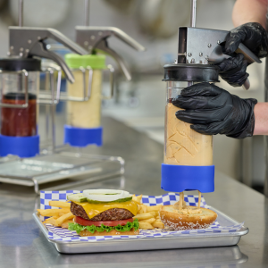 Flex prep in use over a burger bun