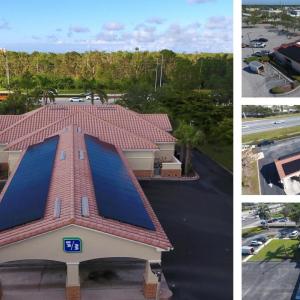 Overhead shot of solar panels on roofs
