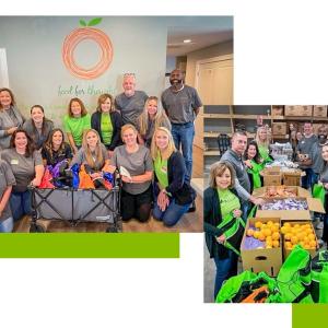 Collage of two photos, people sorrounding a cart of items under a "food for thought" emblem on a wall, and people in two lines packing green bags with food.
