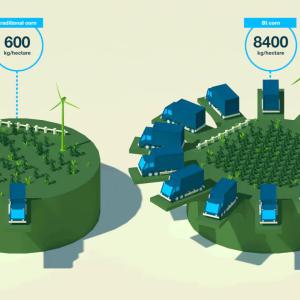 two fields, one with windmills and one truck, one surrounded by trucks