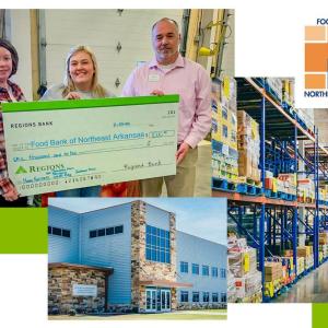 Collage of three people holding a large check, exterior of a building, and shelves in a warehouse. Food Bank of North East Arkansas logo in the corner.