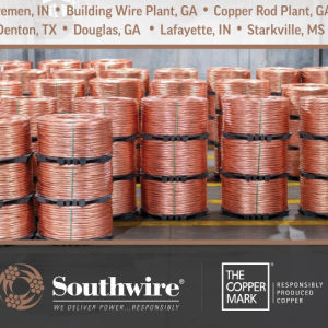 Photo of copper rod spools and list of Southwire sites that have been awarded The Copper Mark