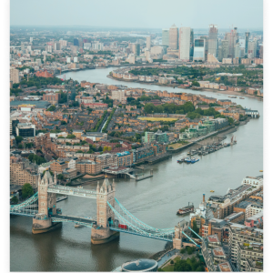Overhead photo of London, the Thames River and London Bridge.