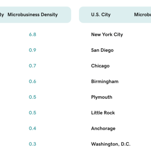 Sister Cities Microbusiness Density Great Britain City Microbusiness Density U.S. City Microbusiness Density London 6.8 New York City 8.2 Edinburgh 0.9 San Diego 7.0 Birmingham 0.7 Chicago 8.5 Liverpool 0.6 Birmingham 3.4 Plymouth 0.5 Plymouth 6.1 Newcastle 0.5 Little Rock 2.4 Whitby 0.4 Anchorage 3.0 Sunderland 0.3 Washington, D.C. 5.6