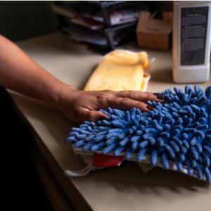 Consuelo wiping down a surface.