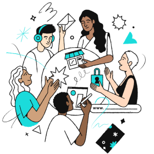 Illustration of five people in a circle using various forms of technology.