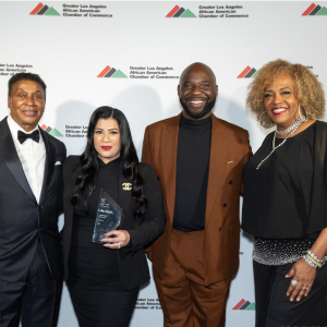 Gene Hale (Chairman, GLAAACC), Cameron Onumah (Head of Southern California Policy, GLAAACC) and Angela Gibson Shaw (President, GLAAACC) pose with Christina Tulfo (Supplier Diversity Manager, AEG).