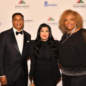 Gene Hale (Chairman, GLAAACC) and Angela Gibson Shaw (President, GLAAACC) congratulated Christina Tulfo (Supplier Diversity Manager, AEG) on AEG's recognition.