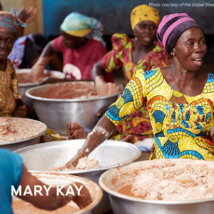 Women seated next to large metal bowls full of shea butter.