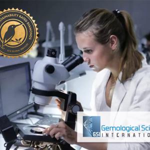 Woman looking through microscope, SCS-007 logo and Gemological Science International logo overlay in top left and bottom right corners