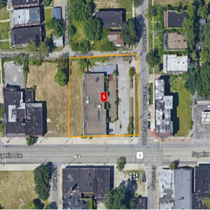 Overhead street view of the Garrett Square apartments in Cleveland.