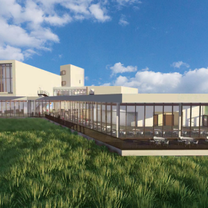 rendition of proposed new STEM building with large porch and windowed walls set in an open field