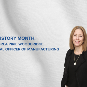 White fabric background with a blue strip, featuring Andrea Pirie Woodbridge and the article title