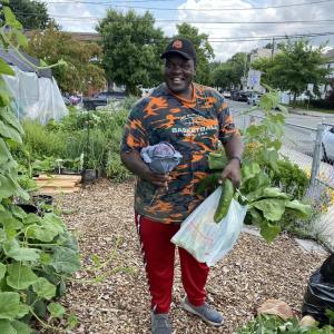 A person holding fresh produce, smiling. They're standing on a mulch path in a garden, a car goes by on the street next to them.
