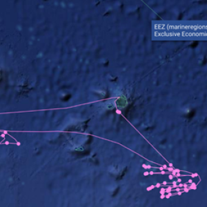 The satellite track of a fishing vessel that caught some of the tuna used to make sushi at Albertsons Companies