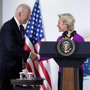 President Joe Biden and European Commission president Ursula von der Leyen shake hands after talking to reporters during the G20 leaders summit Sunday Oct. 31 2021, in Rome. Image: Evan VucciAP