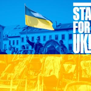 Stand Up for Ukraine with blue and orange background