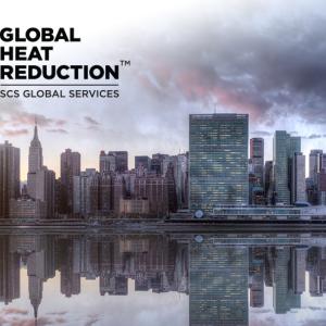 Cityscape with the logo for Global Heat Reduction in corner