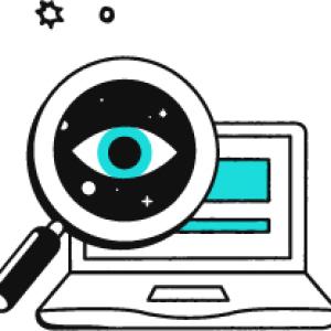 Illustration of a magnifying glass and a laptop.