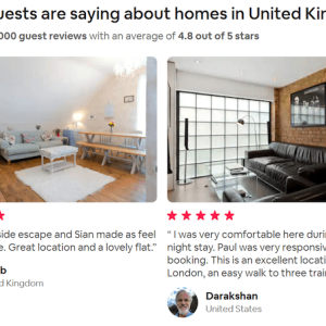 screenshot of AirBnB website, reviews of UK homes side by side