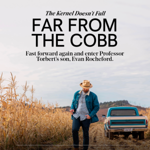 Torbert shown on a road next to a cornfield.