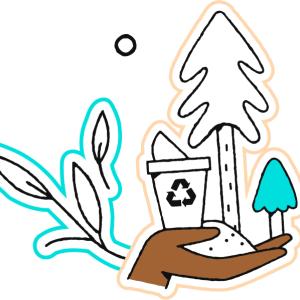 Illustration of a hand holding a tree and a cup with a recycle symbol.