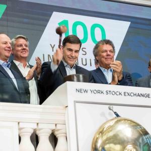 Wesco executives ringing the bell at the New York Stock Exchange in celebration of Wesco's 100th anniversary in 2022.