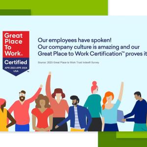 Illustration of a group of people with the text 'Our employees have spoken! Our company culture is amazing and our Great Place to Work Certification™ proves it.'