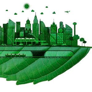 Green Washing illustration: City illustrated on a leaf.
