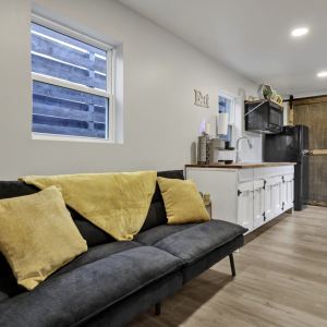 Interior of up-cycled shipping container rental at ekō Outpost properties