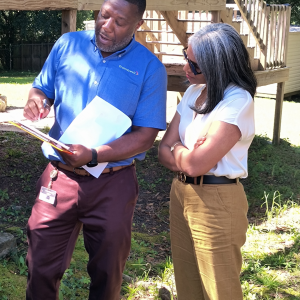 Leon Childs of Groundswell (grantee), and Sireesha Ghanta (funding team member) at House #1 in LaGrange, GA