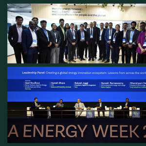 Two separate photo's from the event. The top image is people stood in a curved line for a group photo. The bottom image is people sat on stage at India Energy Week