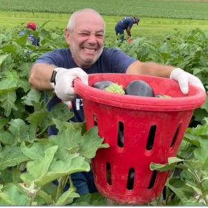 volunteer holding a red basket full of produce