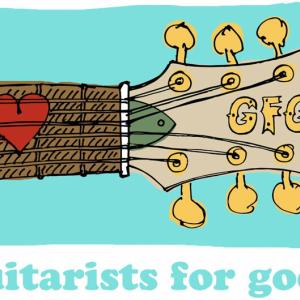 "guitarists for good" and a hand-drawn guitar with GFG on the tuning peg board and a heart-shaped pick.