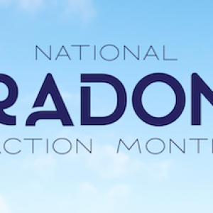 National Radon Action Month logo on a blue sky with white clouds.