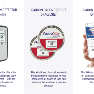 Digital Radon Detector by Airthings: Electronic detector offers the ability to measure Radon gas daily, weekly and long term. Carbon Radon Test Kit by AccuStar: This kit allows charcoal to absorb the Radon gas in your home for over 48 hours so labs can measure the levels on a gamma detector. Radon Gas Test Kit by Pro-Lab: This test kit prides itself on quick results which can be shared by email, text or Pro-Labs app.