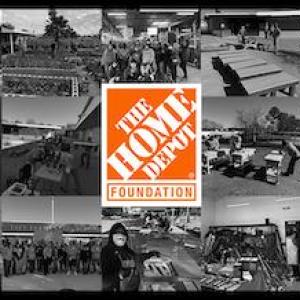 The Home Depot Foundation logo: Montage of volunteer workers from Home Depot doing assorted tasks (construction, clean up).