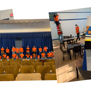 Home Depot volunteers shown in a school in the South Bronx completing projects  (building shelves, cleaning and arranging a room to be used as a library).