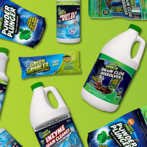 Green Gobbler Products laid down on a green surface.