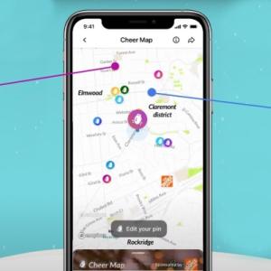 Banner for Cheer Map showing Tricia baking, an iPhone with the Cheer Map app and a decorated home with holiday lights.