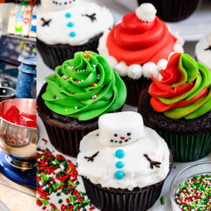 Tricia of Tricia's Sweets baking and a sampling of her holiday cupcakes.