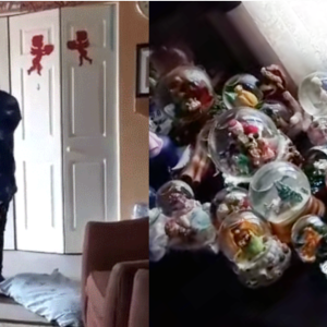 Janae and her new snow globe collection. Janae is pictured with her hands at her face in disbelief. 