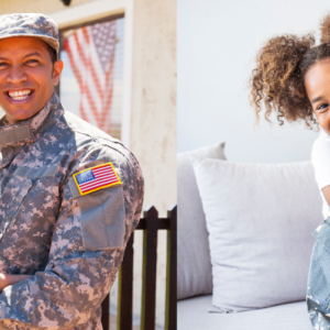 Two military families: Man and woman outside with an American flag behind them. Man and a woman inside with a flag folded. Both men are wearing camouflage uniforms. 
