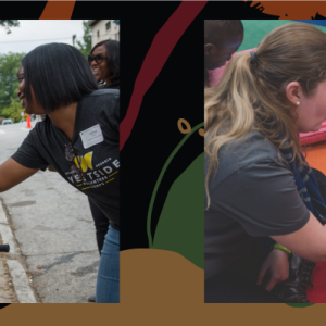 Volunteers helping. Woman giving a high-five to a woman in a wheelchair. Volunteer reading from a tablet to a child. 