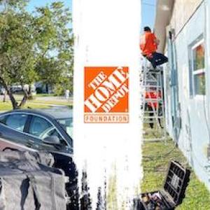 Two photos of Rebuilding Miami-Dade team painting the house and performing landscaping in the front yard..