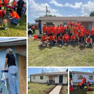 Photo collage of Rebuilding Miami-Dade team. Volunteers planting flowers, painting and doing home repairs, a group shot of the team and a shot of the refurbished home.