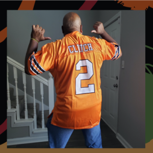 Photo montage of Khareem Mitchell: planting flowers, wearing an orange Home Depot Jersey and with his wife.