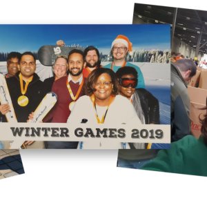 Photo montage of Felicia Rives volunteering at a food drive, in front of a fountain and featured with Home Depot Team Members.