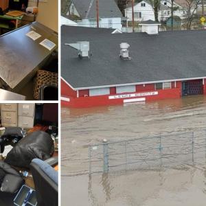 Examples of damage inside and outside of the Lewis County Gospel Mission.  Flooding inside of building, chairs overturned, trash littered around the inside of the Mission. Exterior shot of the mission showing flood waters.
