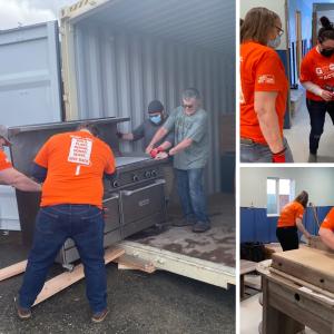 Team Depot volunteers shown installing new stove, doors, commercial racks and plumbing. 
